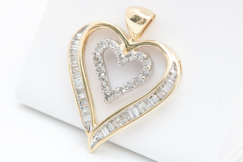 0.72 CTW Diamond and 10K Yellow Gold Double Heart Pendant