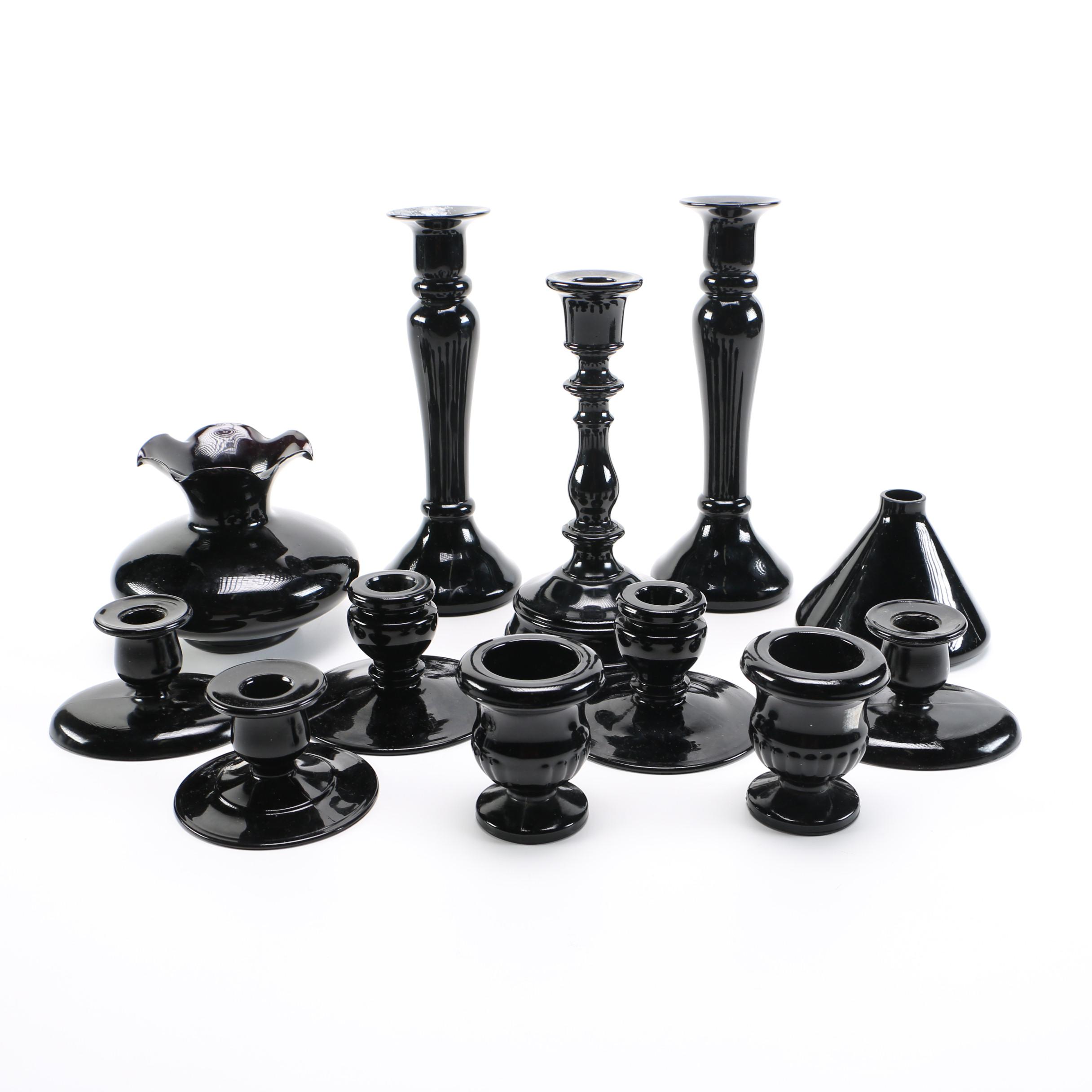 Black Glass Candlesticks