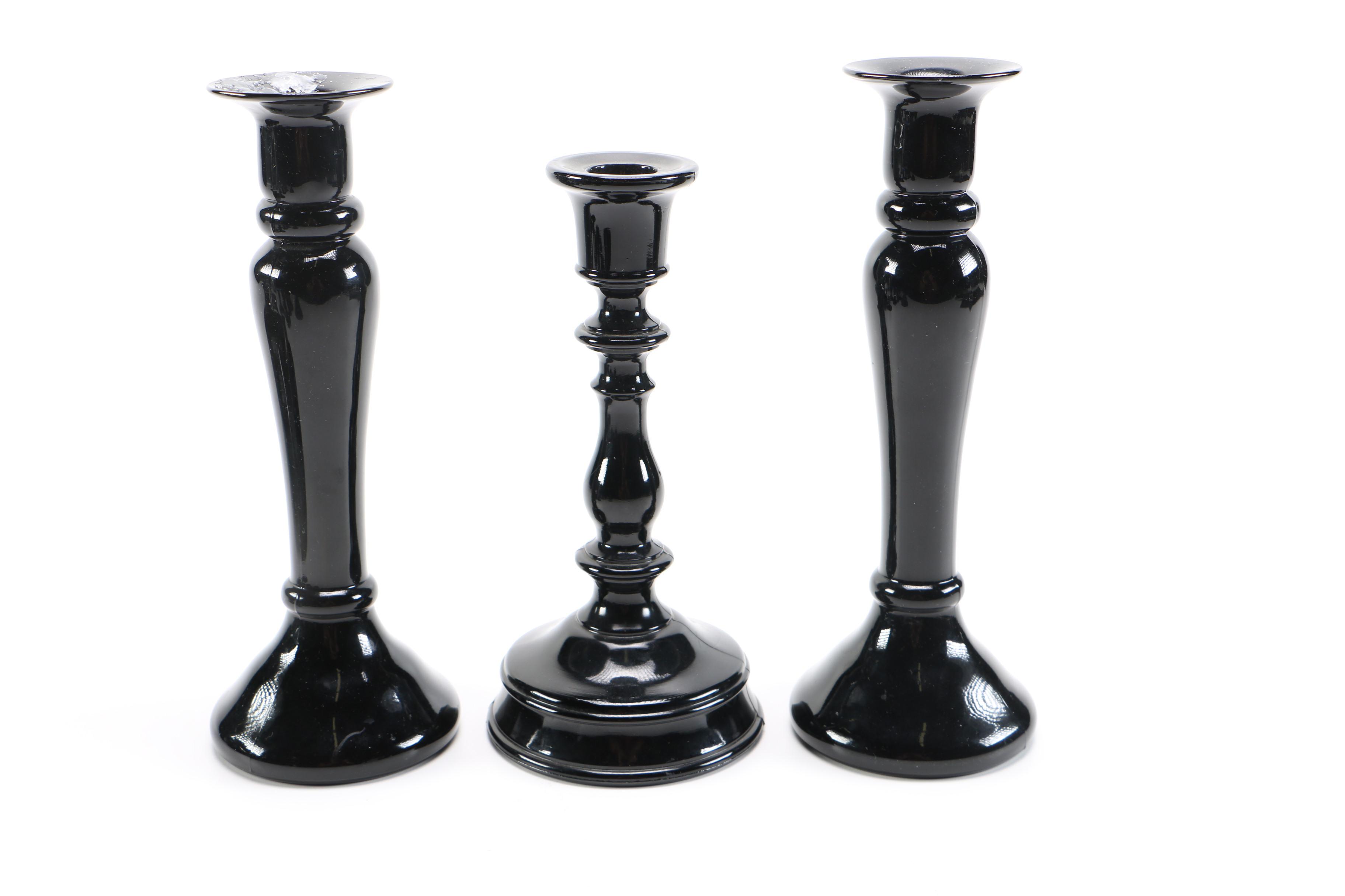 Black Glass Candlesticks