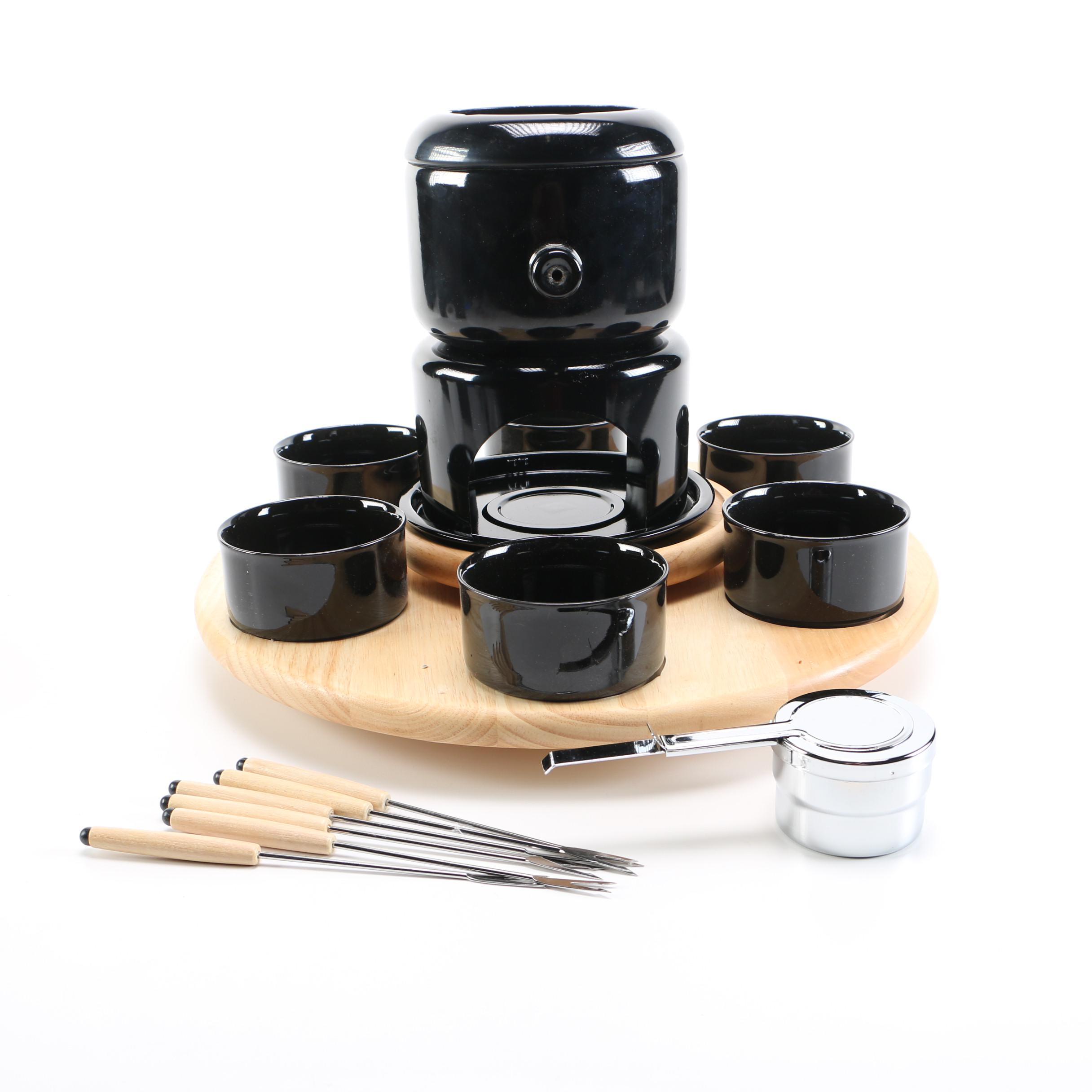 Ceramic and Wooden Fondue Set