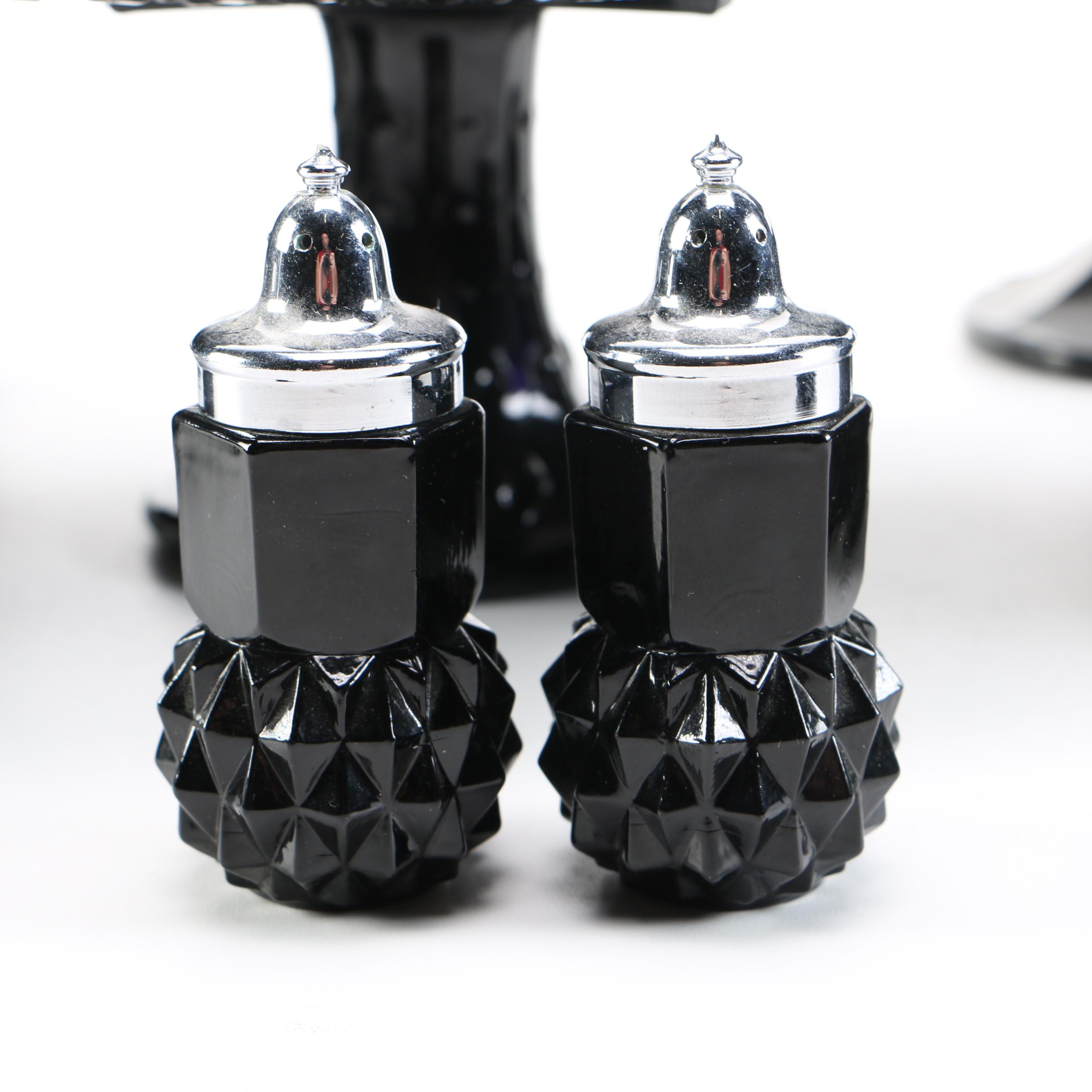 Black Pressed Glass Tableware Including Tiara "Cameo Black"