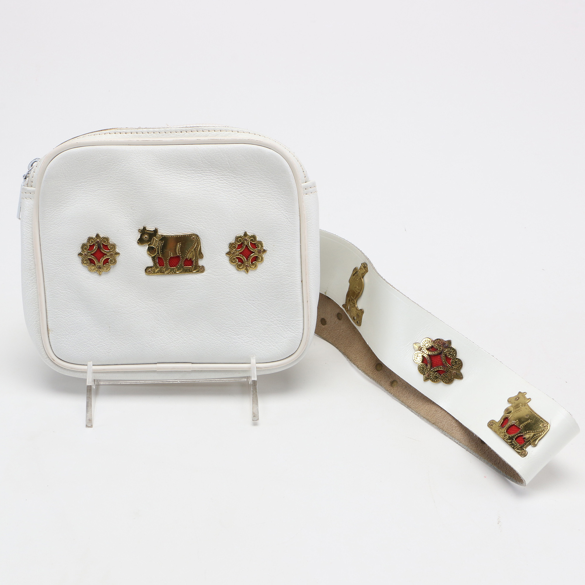 White Leather Fanny Pack With Metal Emblems