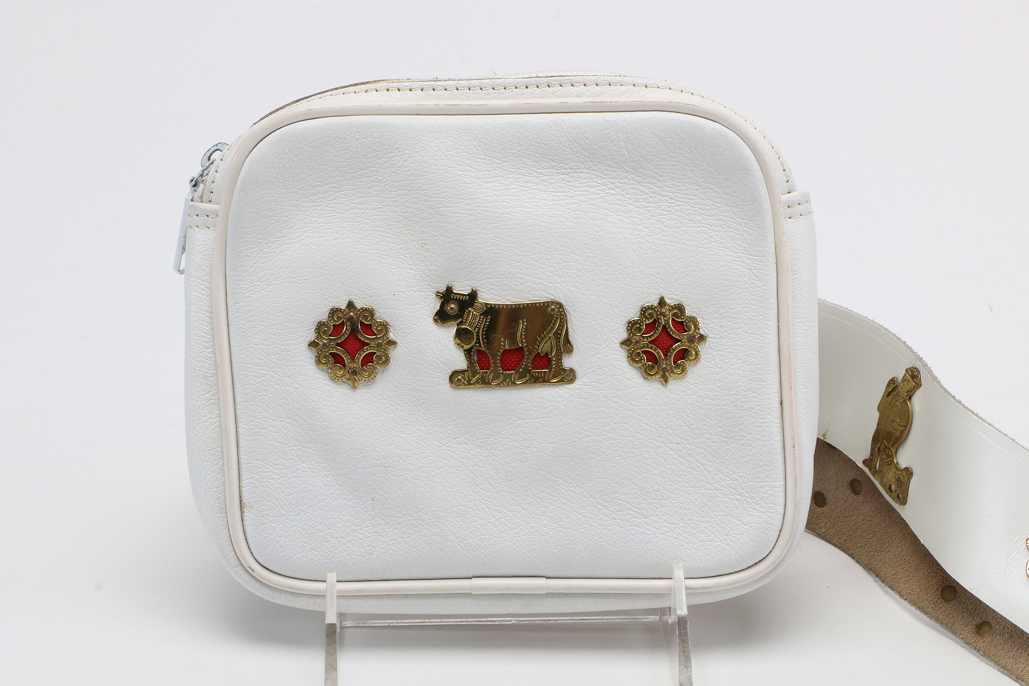 White Leather Fanny Pack With Metal Emblems