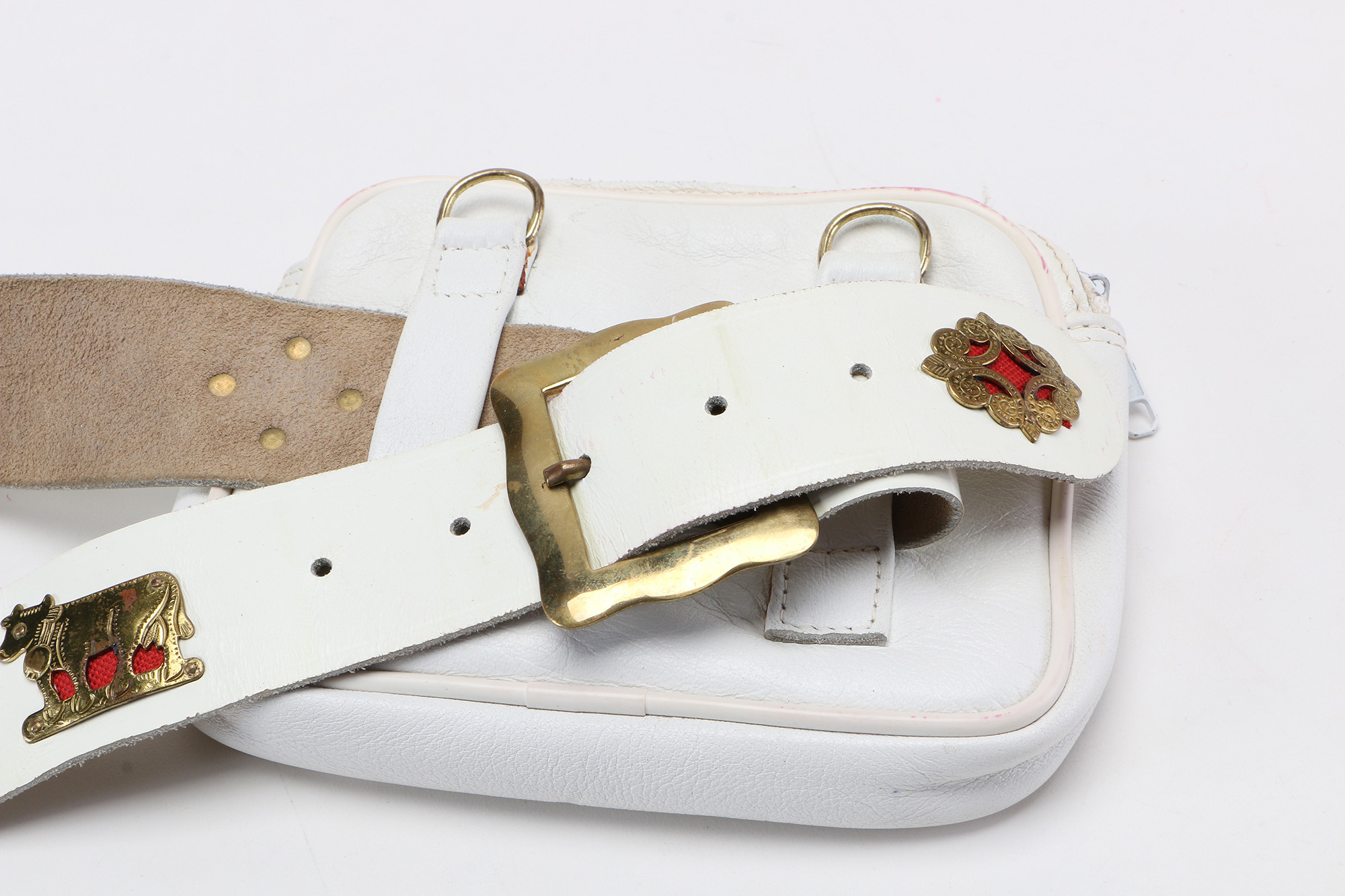 White Leather Fanny Pack With Metal Emblems