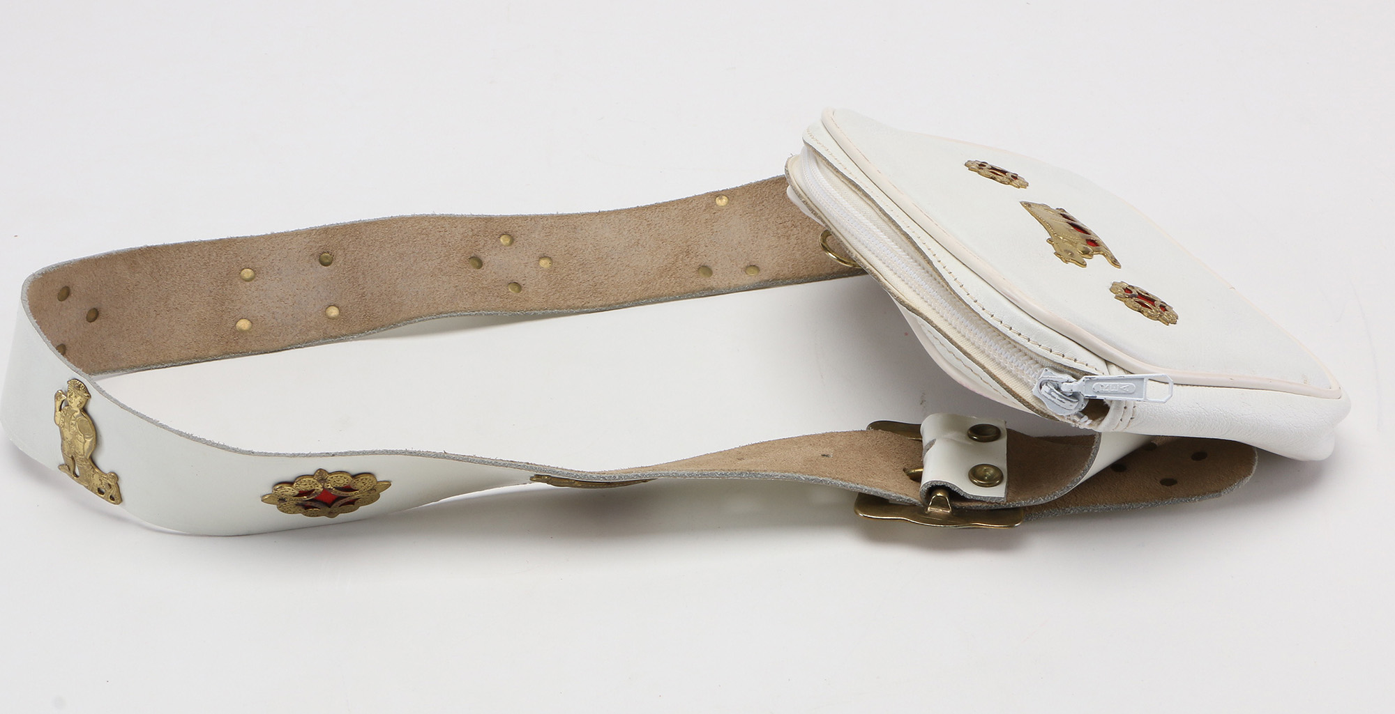 White Leather Fanny Pack With Metal Emblems