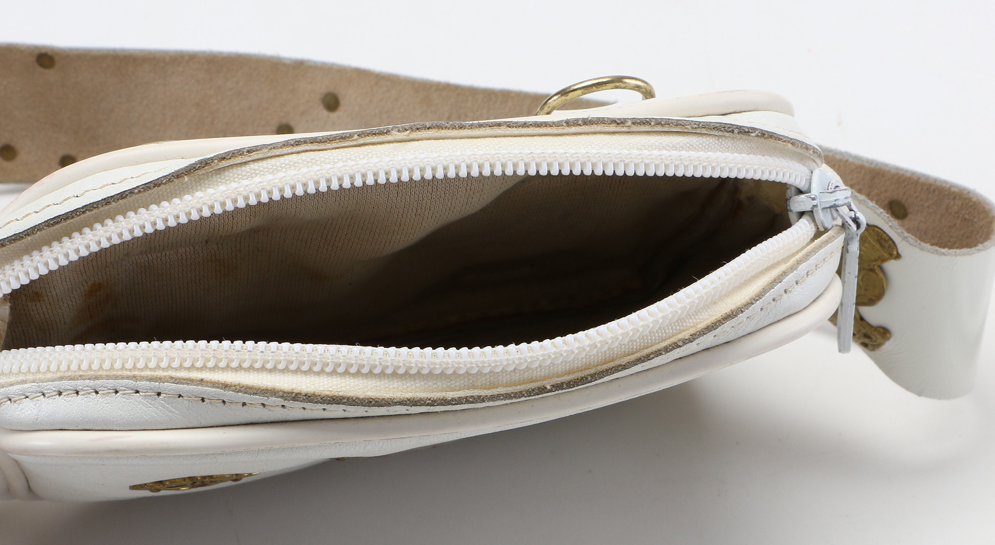 White Leather Fanny Pack With Metal Emblems