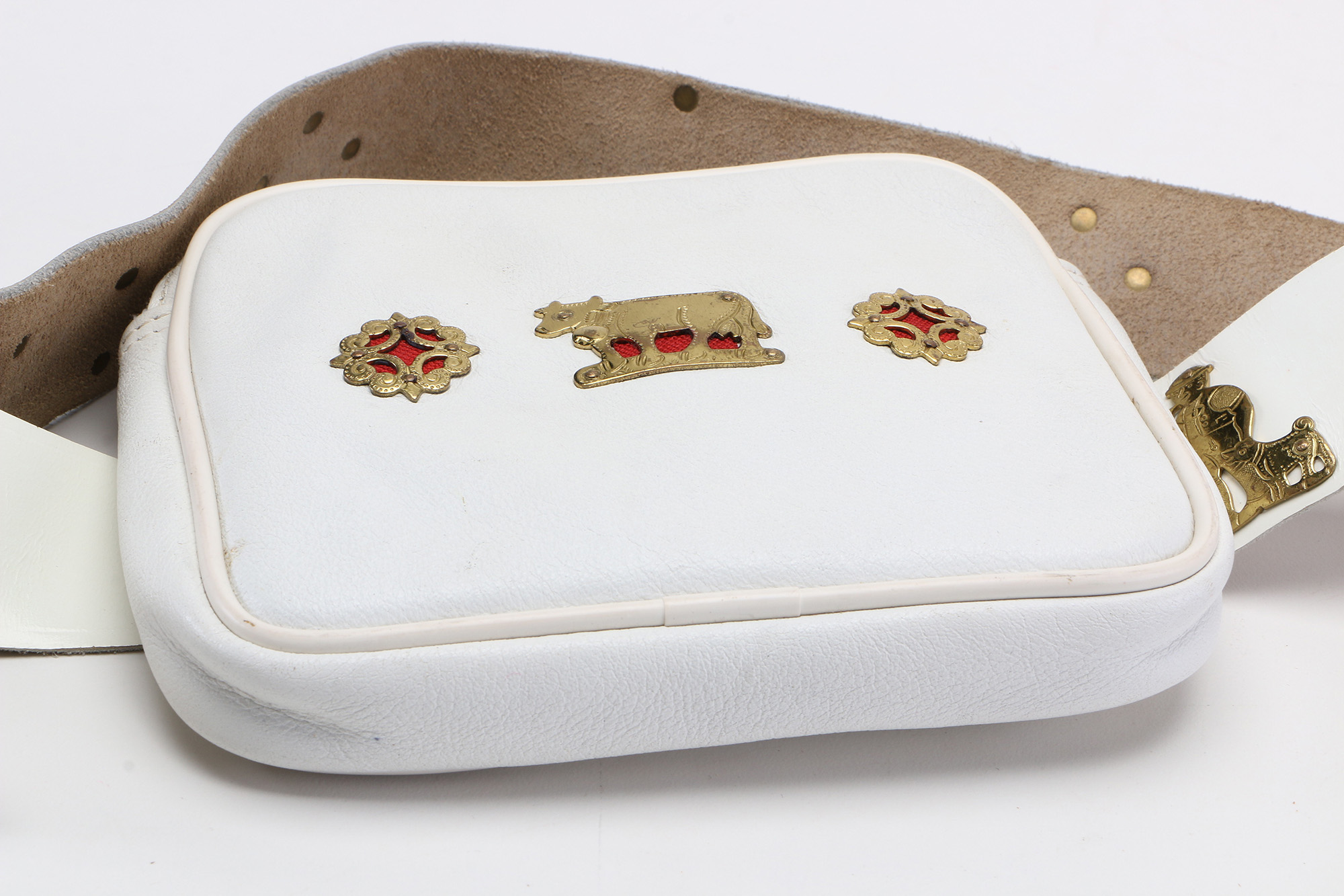 White Leather Fanny Pack With Metal Emblems