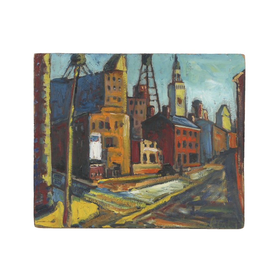 Oil Painting on Board Abstract City Scene