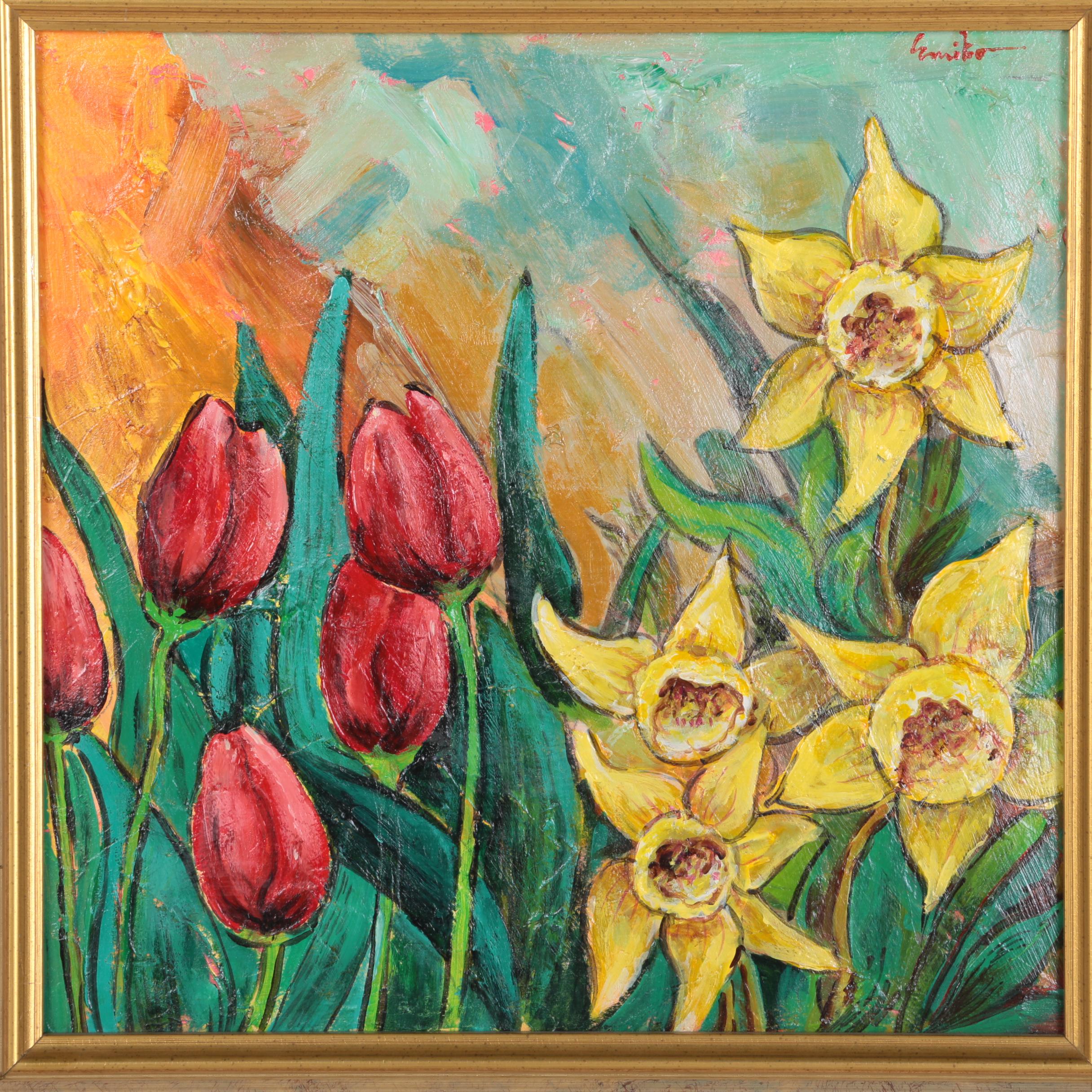 Emilio Pica Oil on Paper Still Life With Flowers