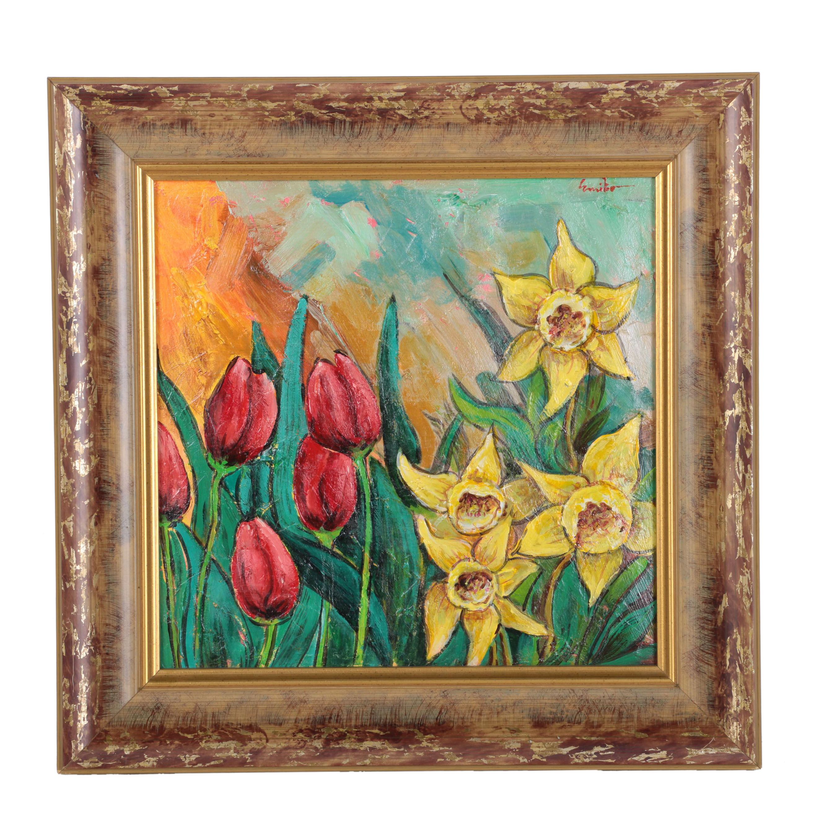 Emilio Pica Oil on Paper Still Life With Flowers