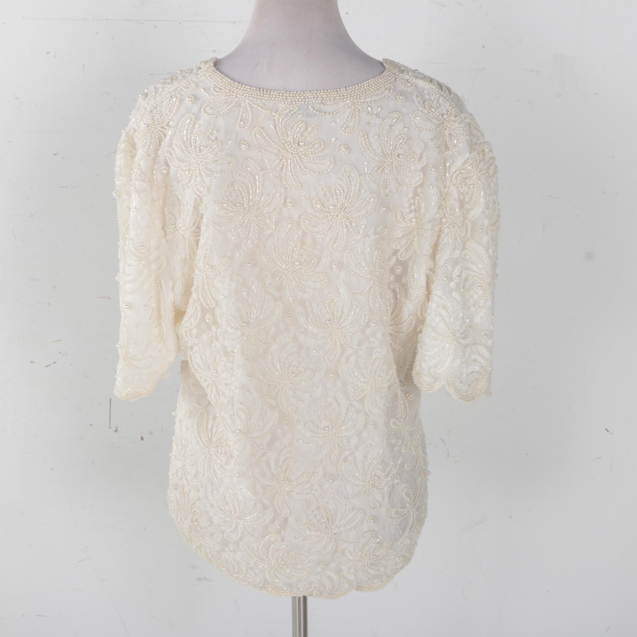 Laurence Kazar White Lace Beaded Top
