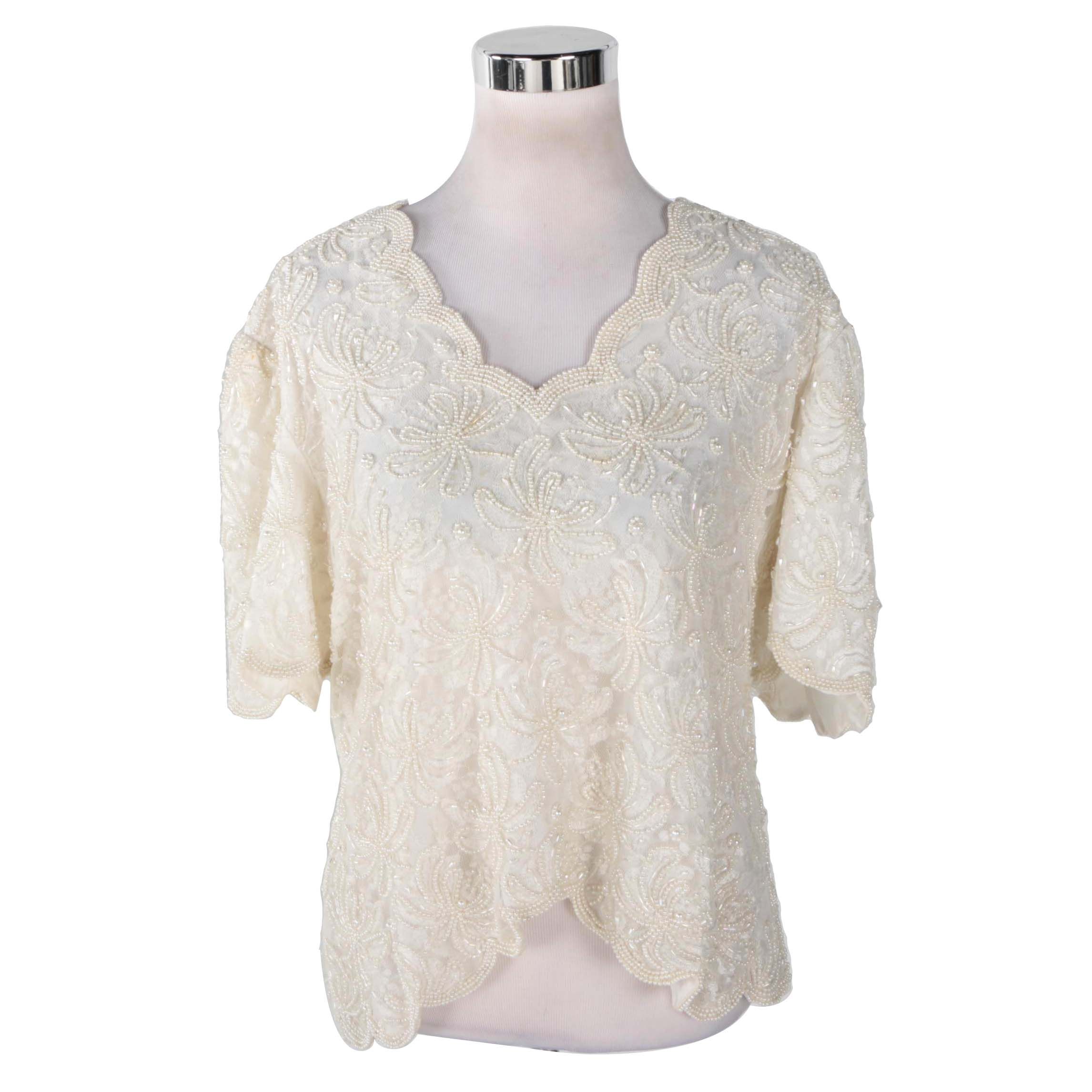 Laurence Kazar White Lace Beaded Top