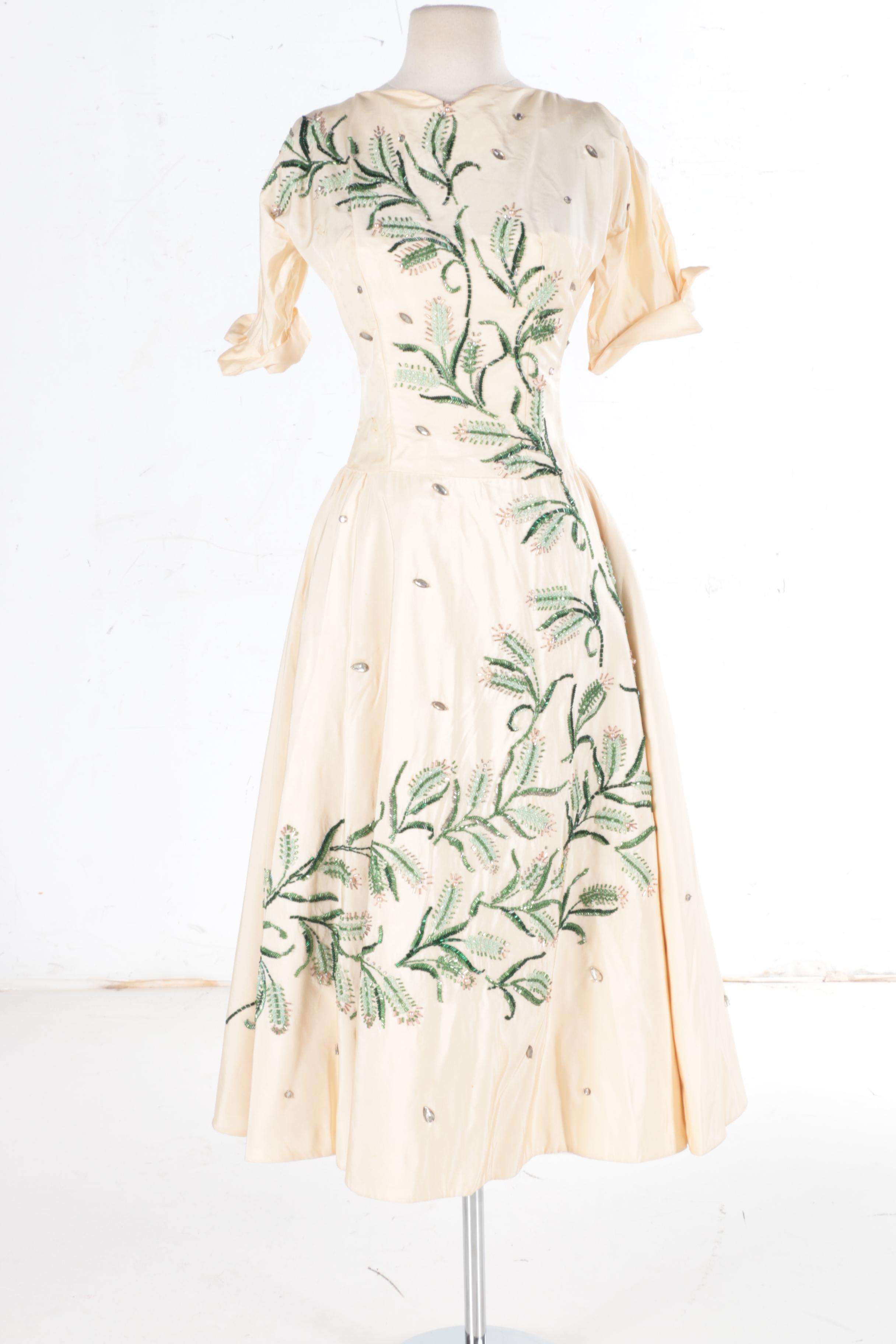 Vintage 1950's Silk Twill Dress with Beaded Accents