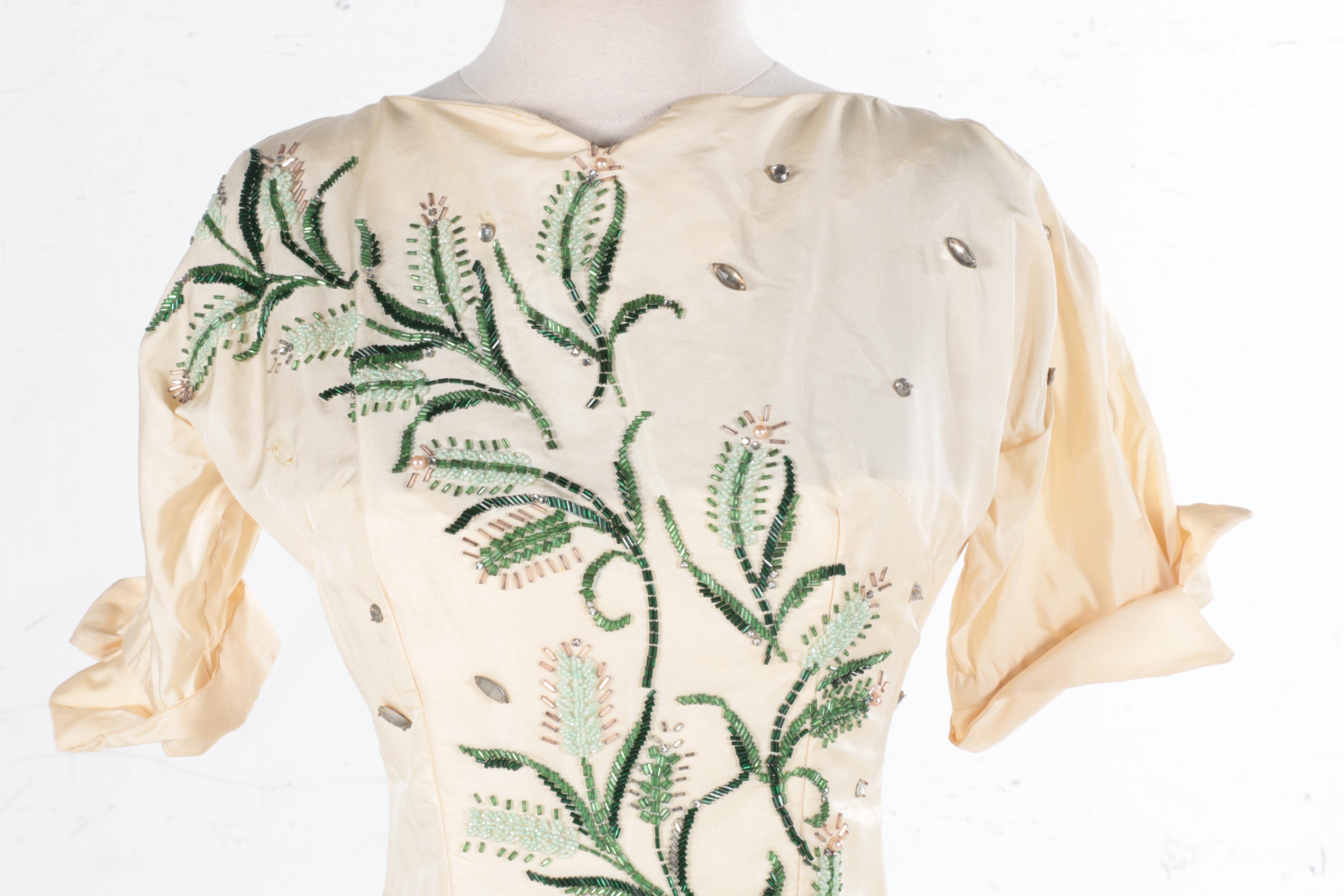Vintage 1950's Silk Twill Dress with Beaded Accents