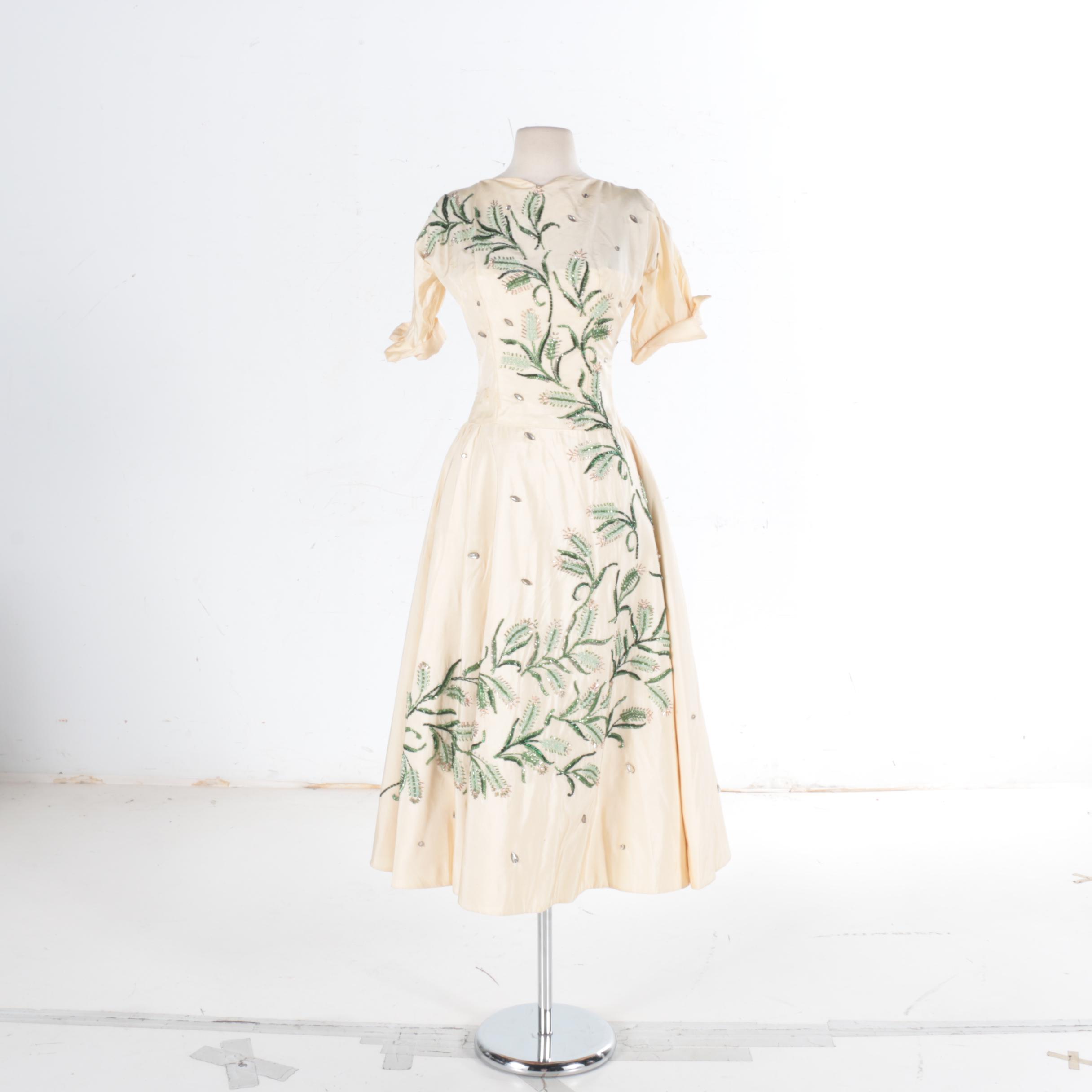 Vintage 1950's Silk Twill Dress with Beaded Accents