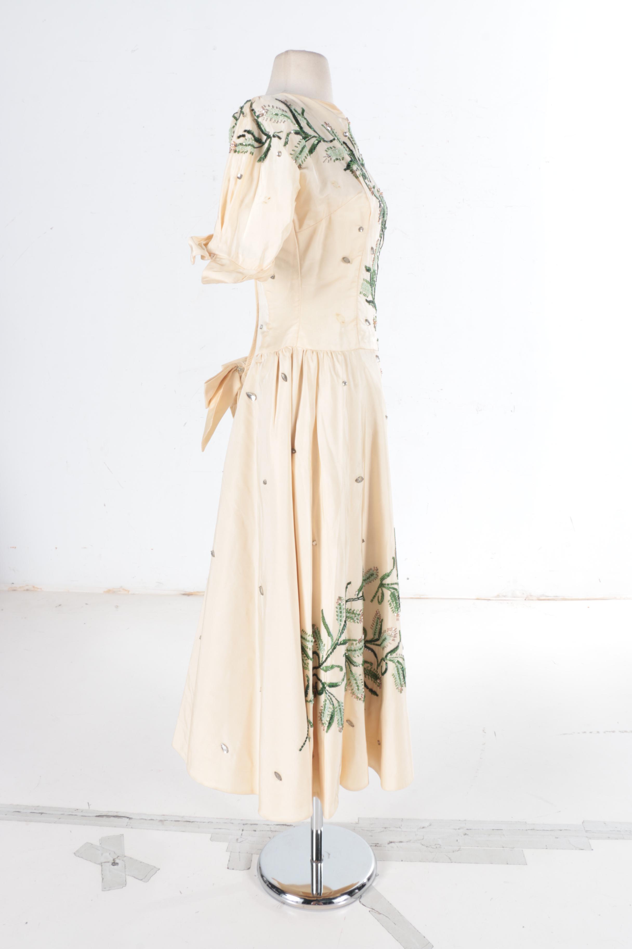 Vintage 1950's Silk Twill Dress with Beaded Accents