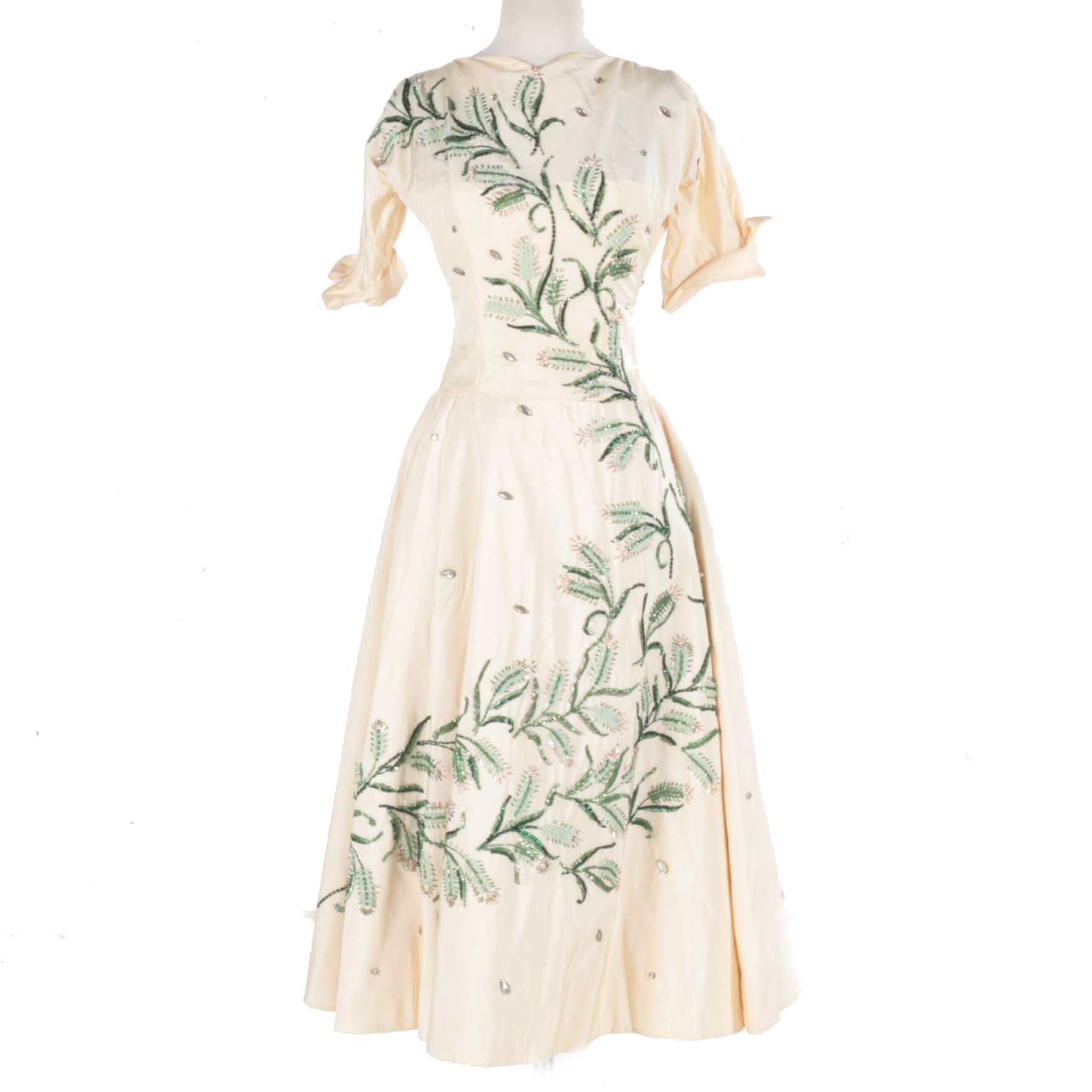 Vintage 1950's Silk Twill Dress with Beaded Accents