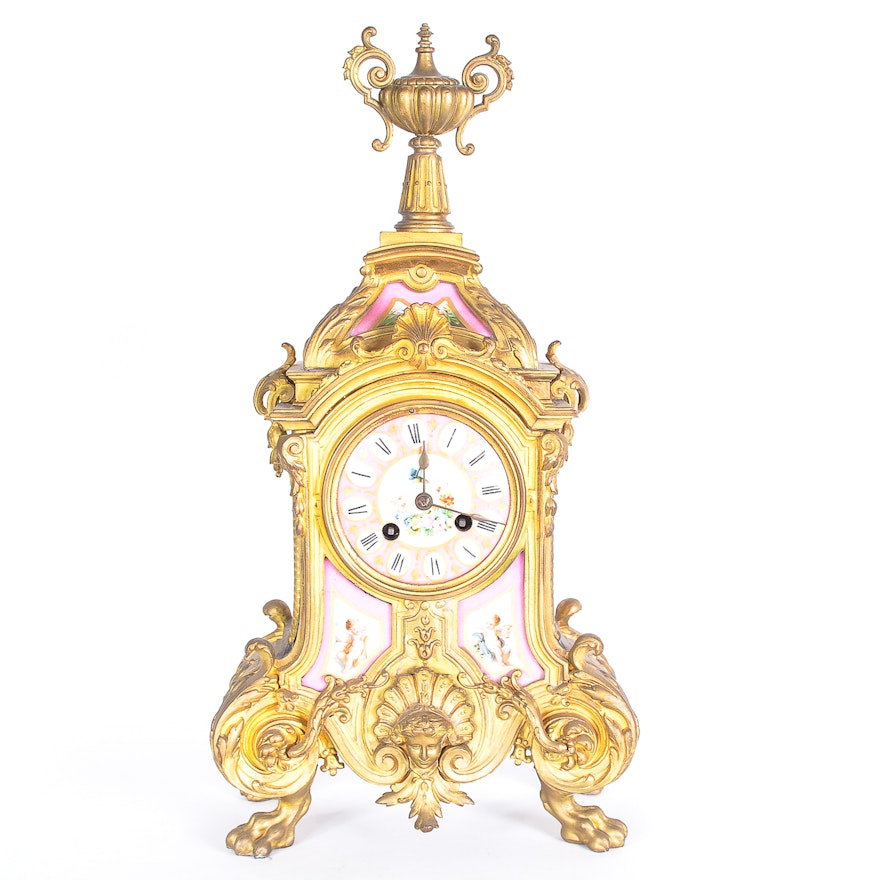 Phillipe Mourey French Gilt Mantel Clock with Sèvres Style Panels