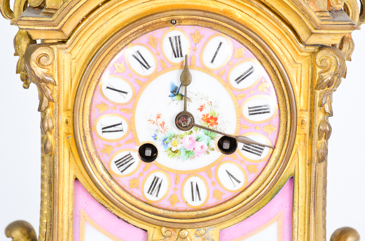 Phillipe Mourey French Gilt Mantel Clock with Sèvres Style Panels