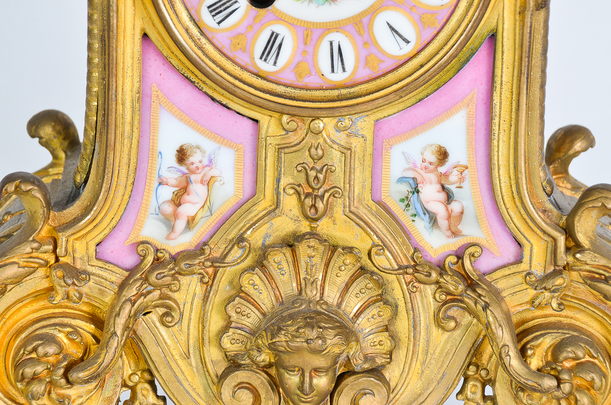 Phillipe Mourey French Gilt Mantel Clock with Sèvres Style Panels
