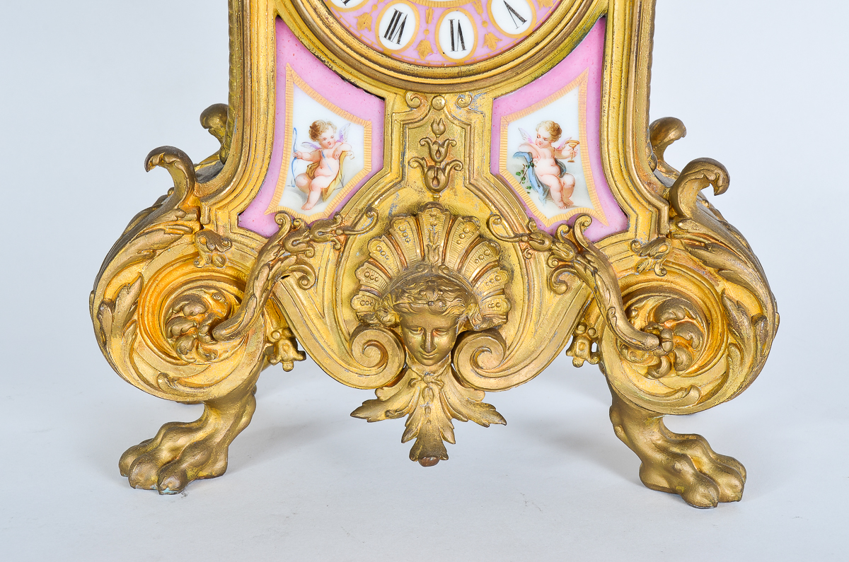 Phillipe Mourey French Gilt Mantel Clock with Sèvres Style Panels
