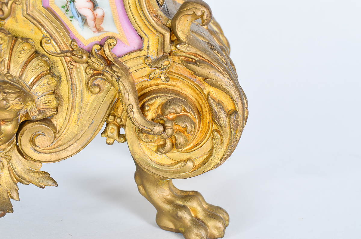 Phillipe Mourey French Gilt Mantel Clock with Sèvres Style Panels