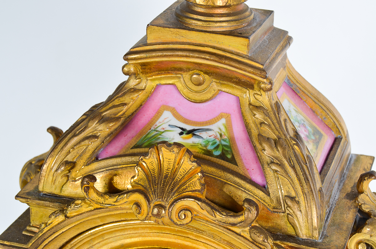 Phillipe Mourey French Gilt Mantel Clock with Sèvres Style Panels