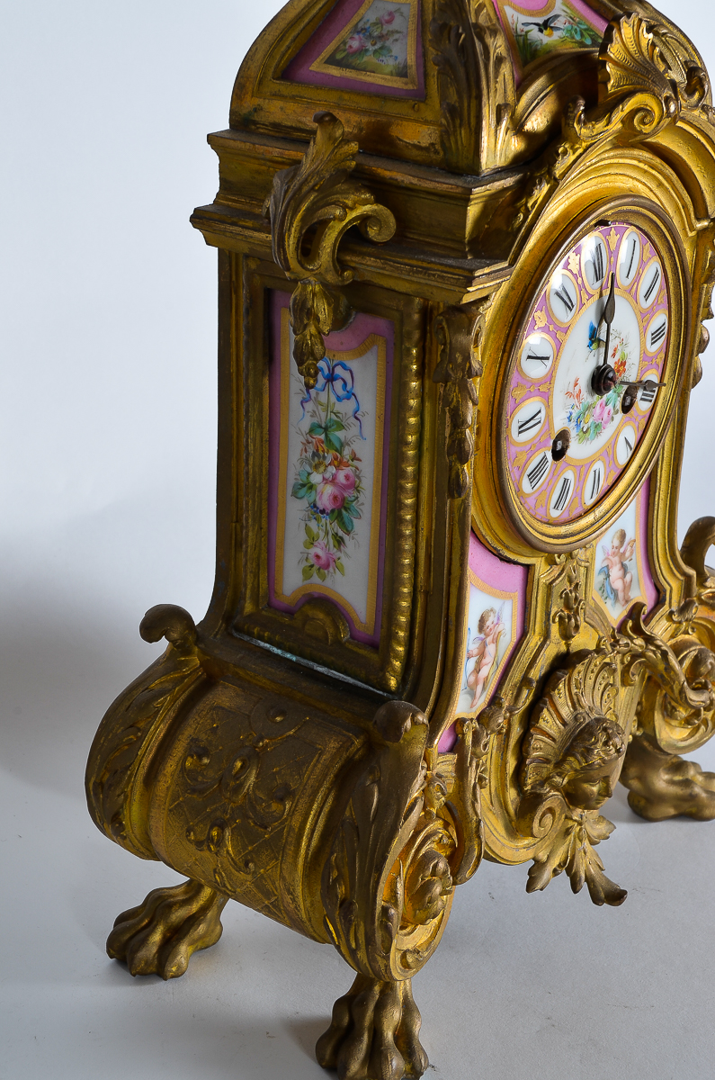Phillipe Mourey French Gilt Mantel Clock with Sèvres Style Panels