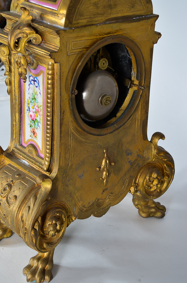 Phillipe Mourey French Gilt Mantel Clock with Sèvres Style Panels