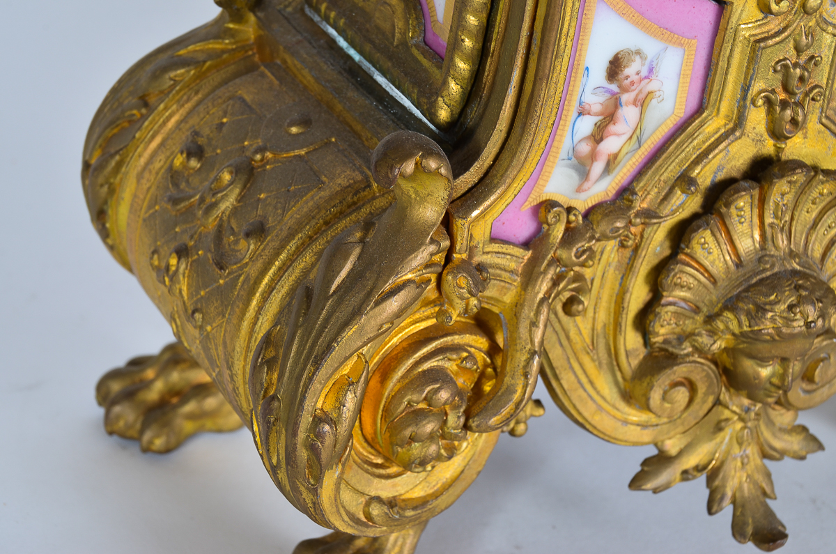 Phillipe Mourey French Gilt Mantel Clock with Sèvres Style Panels