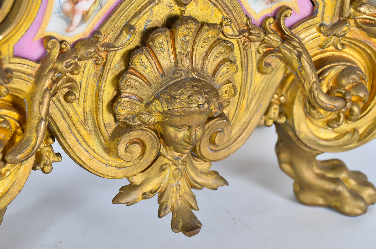 Phillipe Mourey French Gilt Mantel Clock with Sèvres Style Panels