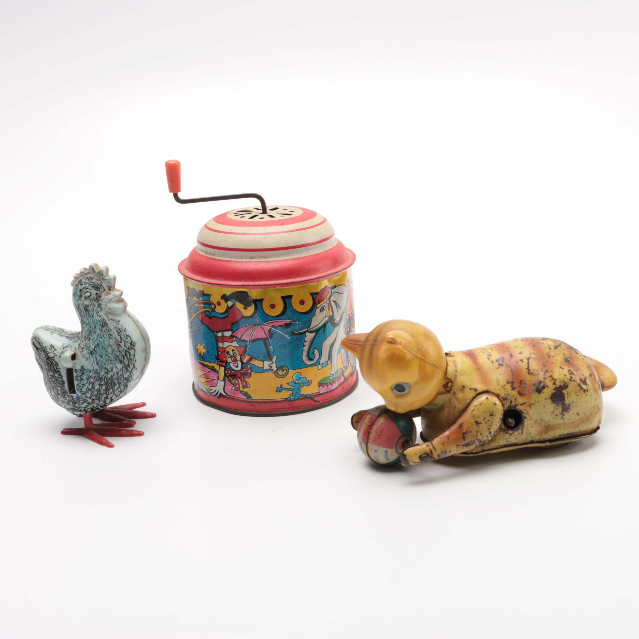 Vintage Tin Litho Cat, Chicken and Music Box Toys