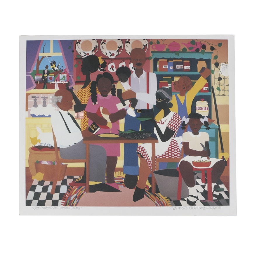 Varnette P. Honeywood Offset Lithograph on Paper "Old Fashioned Dinner Party"