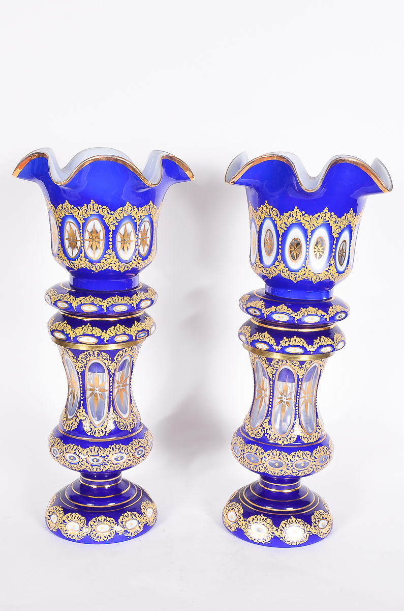 Pair of Antique Bohemian Hand-Painted Oil Lamps