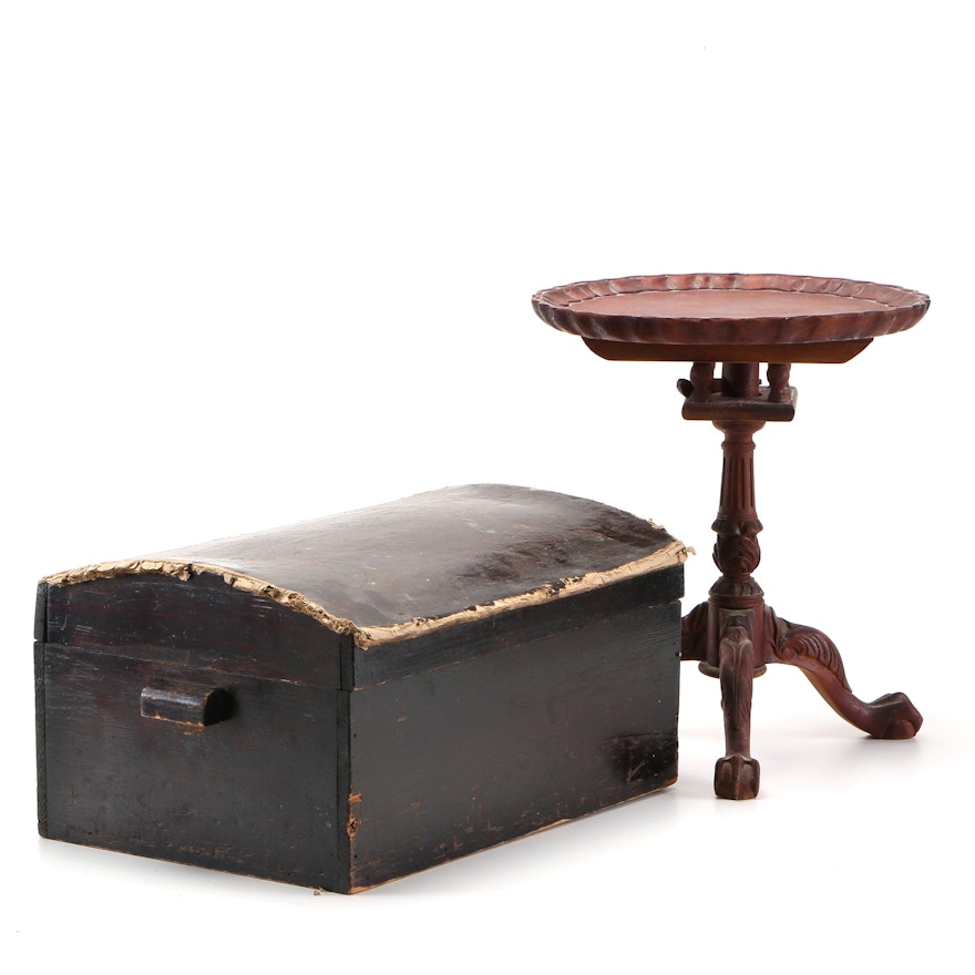 Miniature Chippendale Style Tea Table With Dome Top Trunk