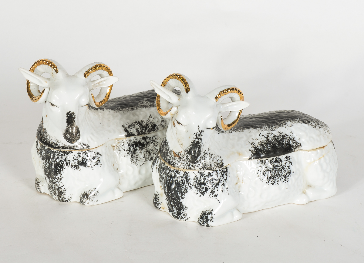 Antique Russian Kuznetsov Porcelain Ram-form boxes