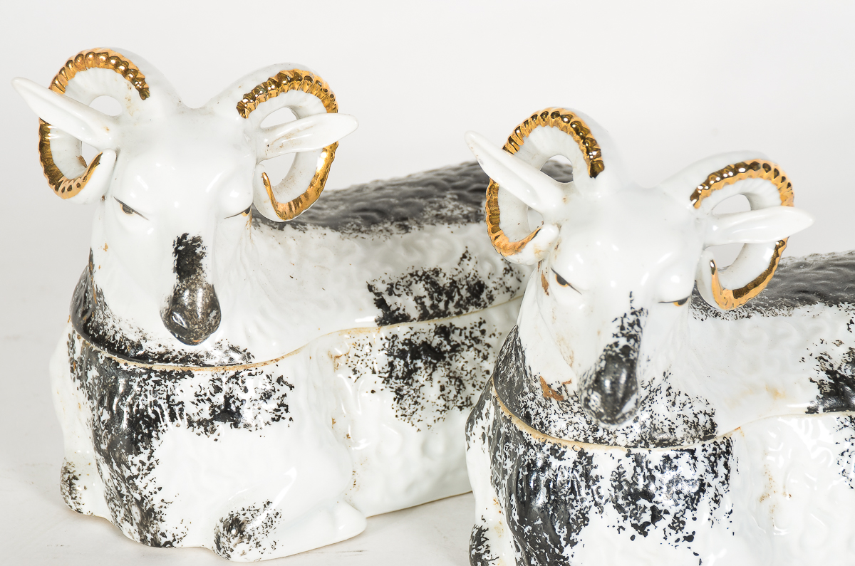 Antique Russian Kuznetsov Porcelain Ram-form boxes