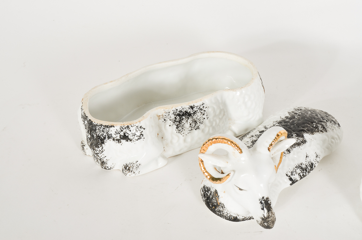 Antique Russian Kuznetsov Porcelain Ram-form boxes