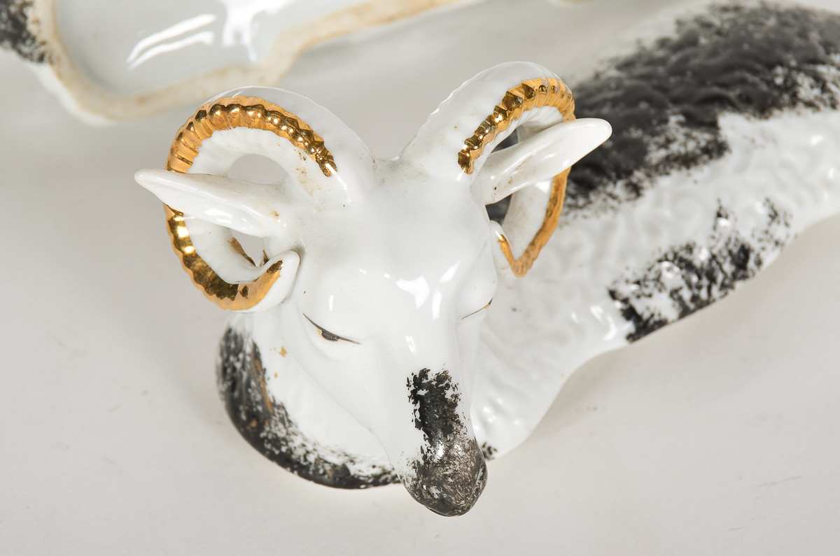 Antique Russian Kuznetsov Porcelain Ram-form boxes