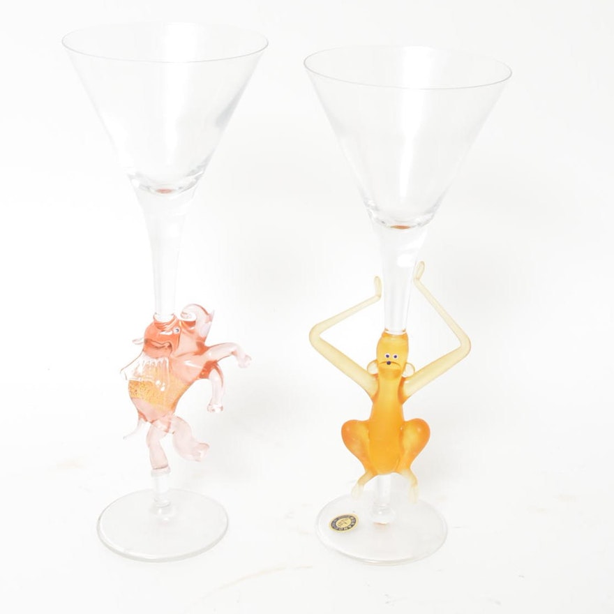 Murano Glass Martini Glasses With Figural Stems