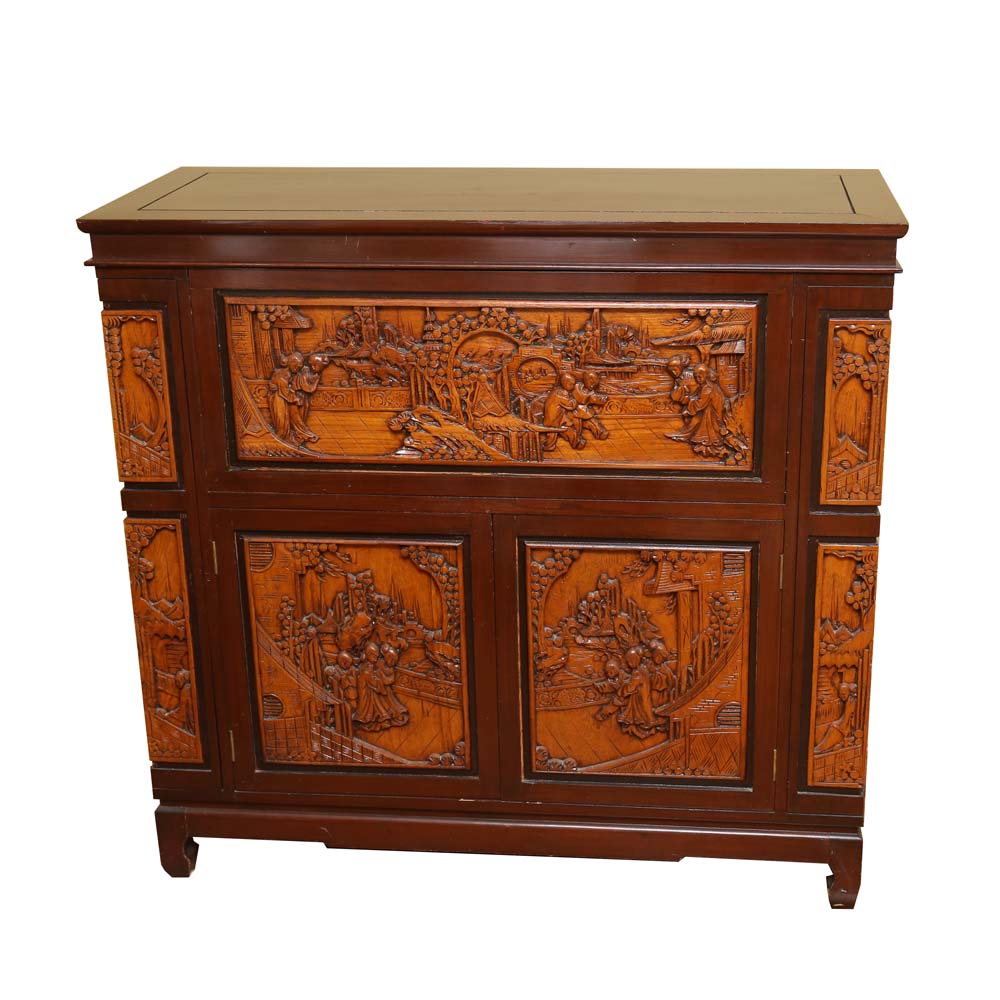 Asian Style Relief-Carved Wet Bar Cabinet