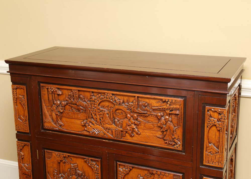 Asian Style Relief-Carved Wet Bar Cabinet