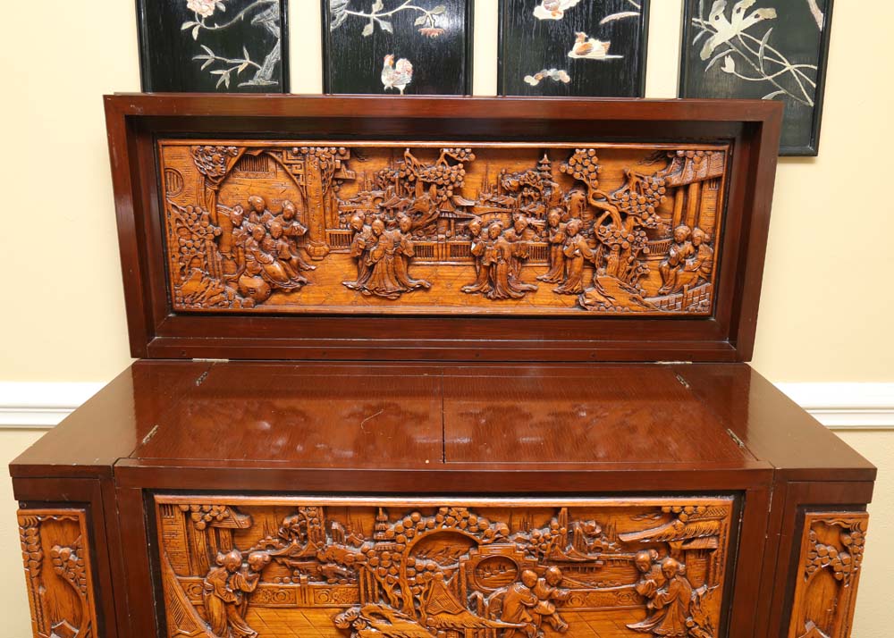 Asian Style Relief-Carved Wet Bar Cabinet
