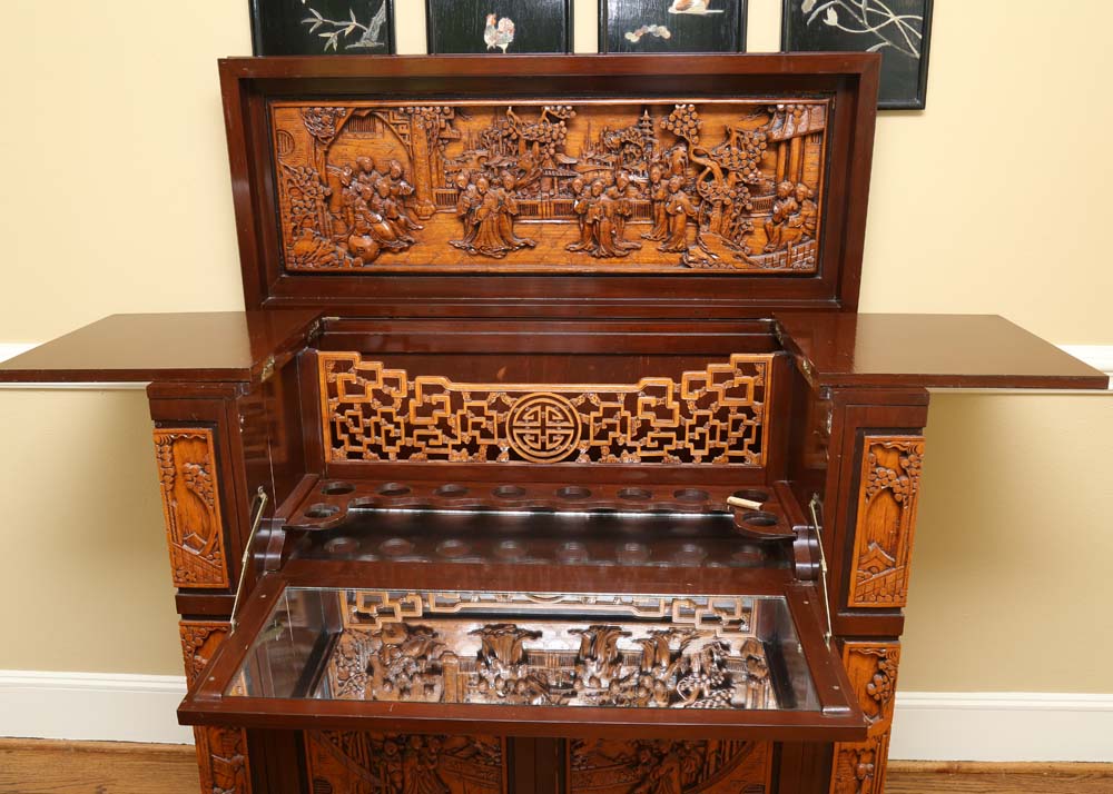 Asian Style Relief-Carved Wet Bar Cabinet