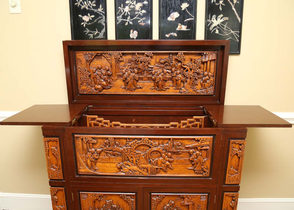 Asian Style Relief-Carved Wet Bar Cabinet