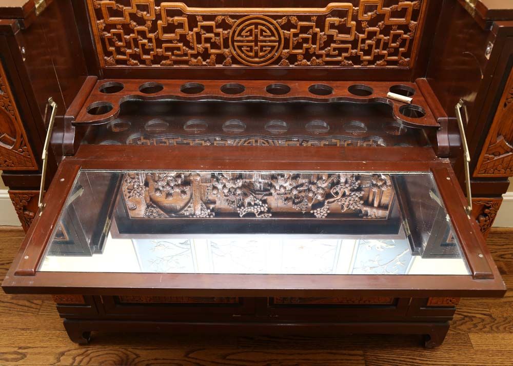 Asian Style Relief-Carved Wet Bar Cabinet