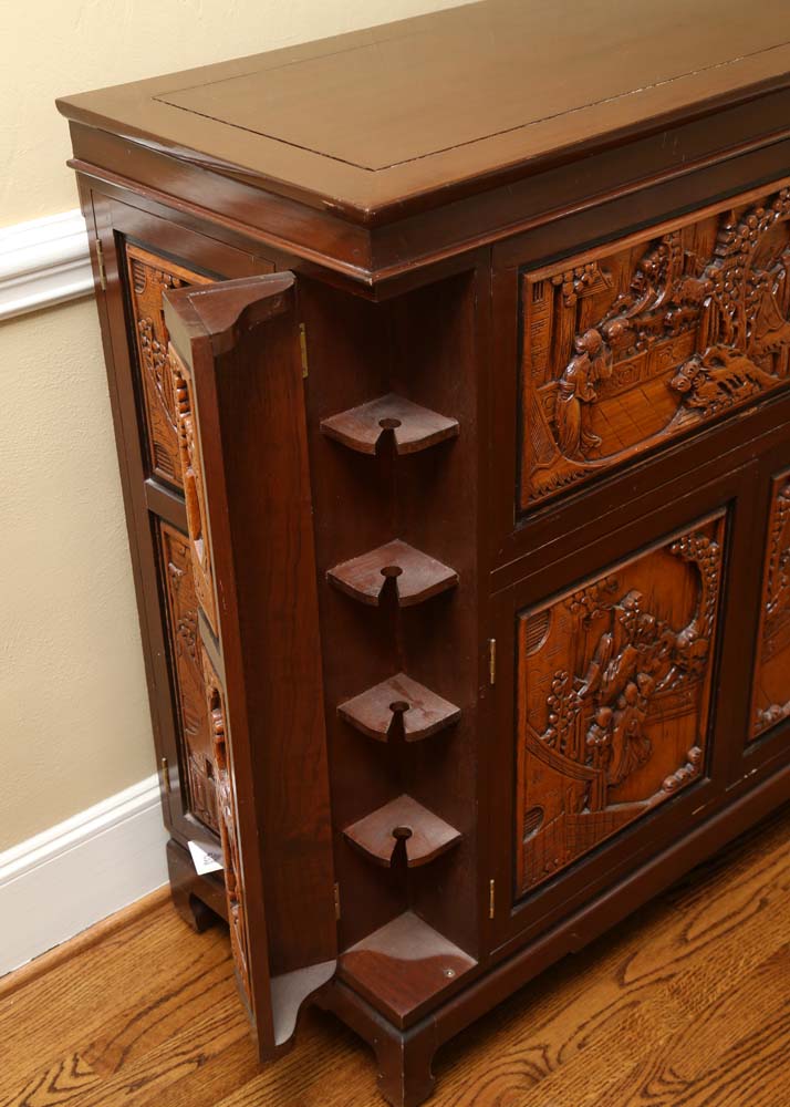 Asian Style Relief-Carved Wet Bar Cabinet