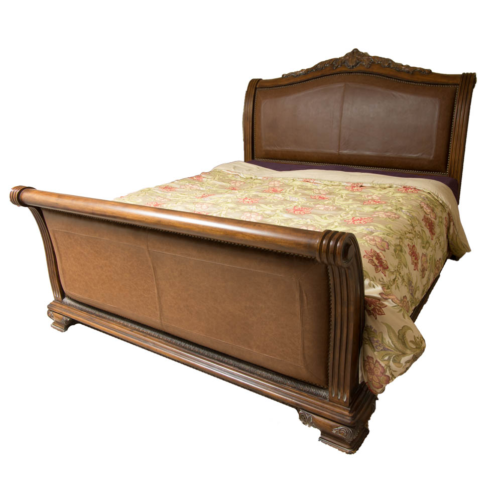 King-Size Leather Inset Sleigh Bed Frame