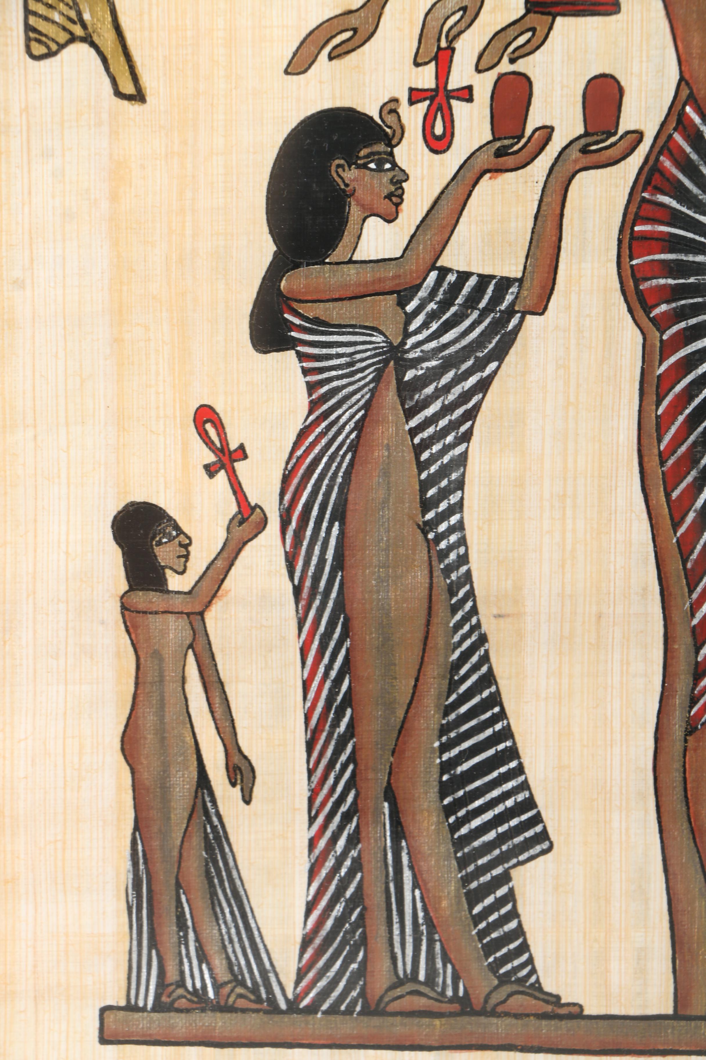 Khed Egyptian Style Gouache and Gold Leaf Painting on Papyrus of Aten