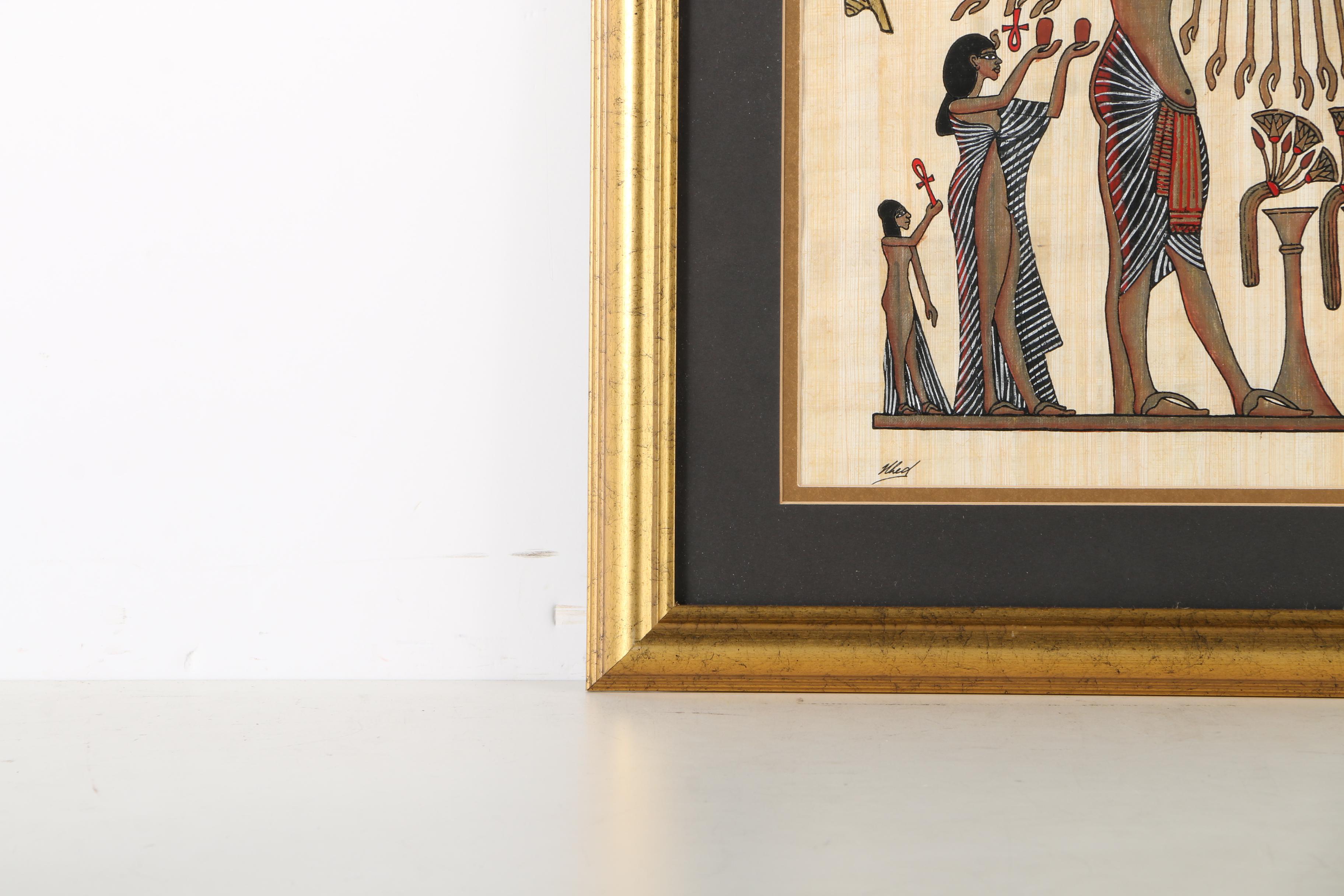 Khed Egyptian Style Gouache and Gold Leaf Painting on Papyrus of Aten